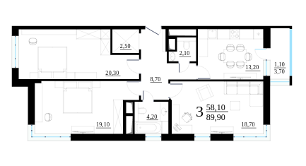 Трёхкомнатная квартира 89.9 м²