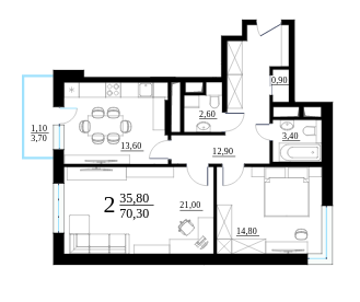 Двухкомнатная квартира 70.3 м²