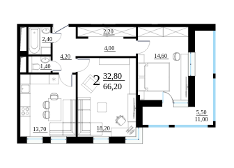 Двухкомнатная квартира 66.2 м²