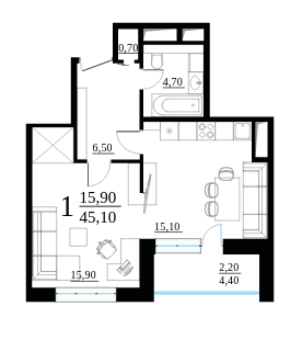 Однокомнатная квартира 45.1 м²