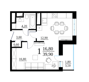 Однокомнатная квартира 39.9 м²