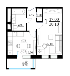 Однокомнатная квартира 38.1 м²