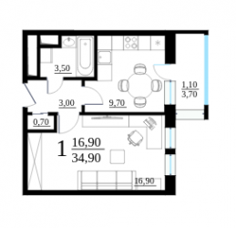 Однокомнатная квартира 34.9 м²