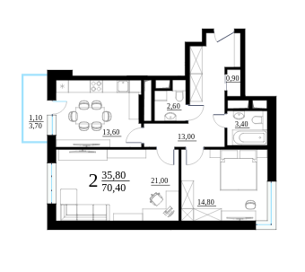 Двухкомнатная квартира 70.4 м²