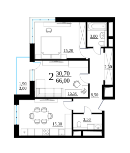 Двухкомнатная квартира 66 м²