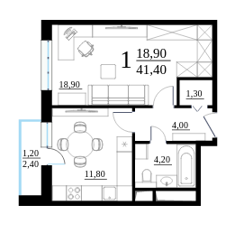 Однокомнатная квартира 41.4 м²