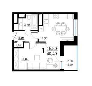Однокомнатная квартира 40.4 м²