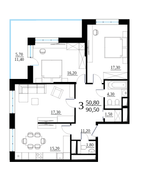 Трёхкомнатная квартира 90.5 м²