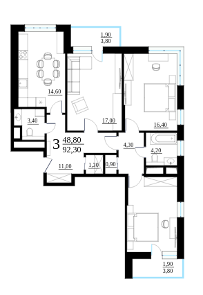 Трёхкомнатная квартира 92.3 м²